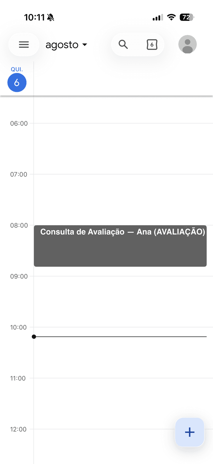 Agenda do dia com a consulta de avaliação marcada às 8h.
