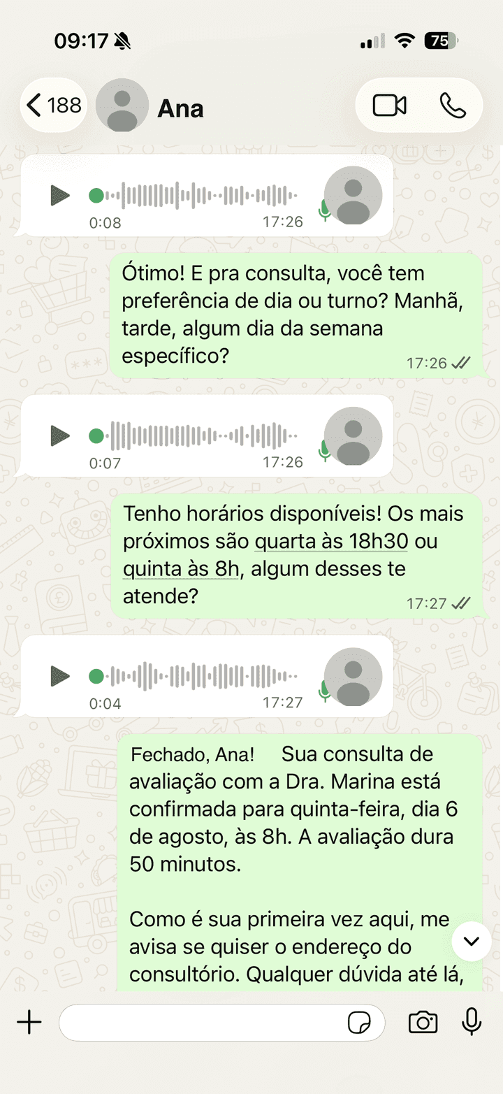 Conversa de WhatsApp: a secretária de IA oferece dois horários e confirma a consulta de avaliação para quinta-feira às 8h.
